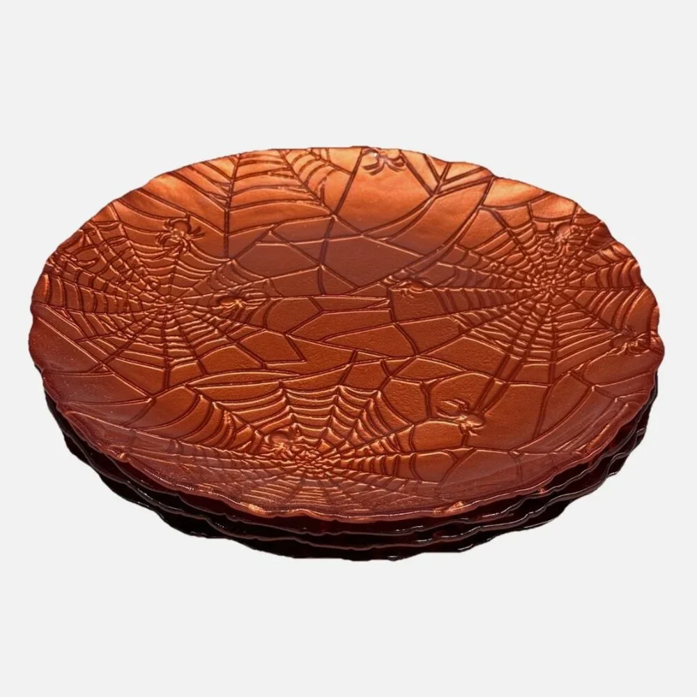 x4 Akcam Turkish Glass Halloween Salad Dessert Plates Orange Spiderweb Embossed